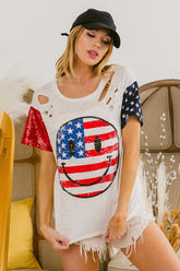 BiBi Fourth Of July Top With Laser Cut And Smile Face OutfitFlow